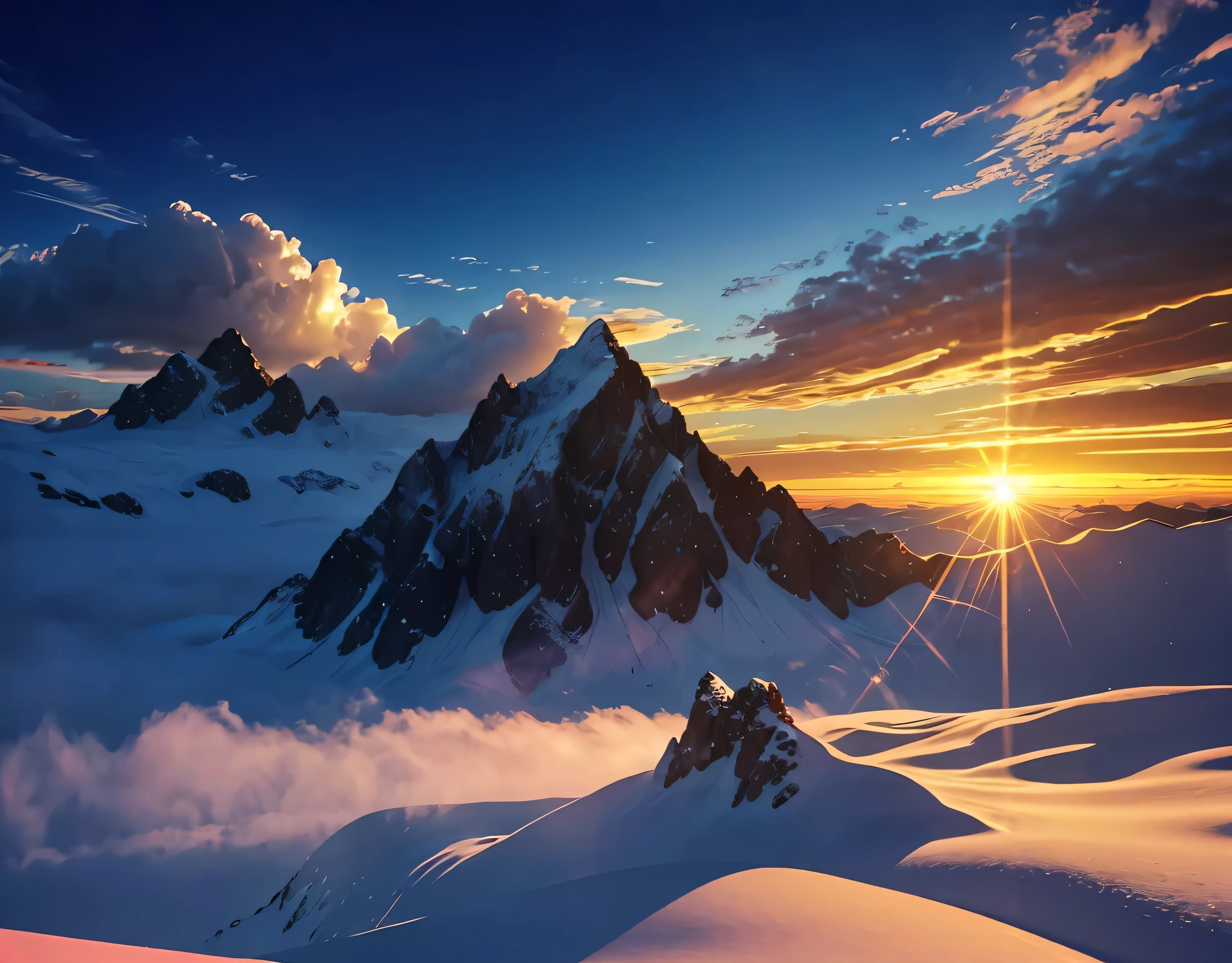 wood々、The mountain was covered with snow々、Clear skies、Lots of lens flares、The morning sun shines brightly、The morning sun shines brightly、(Ultra-realistic:1.2), High resolution, (Bright colors, High resolution:1.1), (Sharp focus:1.1), (Physically Based Rendering:1.1), Tyndall effect, Colorful lights, (((Light shines through the gaps in the clouds))), Beautiful perspective, Contrasting Shadows, moving composition, Realistic landscape, unique configuration, Soft texture, Intricate details, Mysterious atmosphere, An artistic exploration of light and shadow,Golden dazzling light、A world view that will captivate all who see it、The world of nature、View from 3000m above sea level and mountain hut