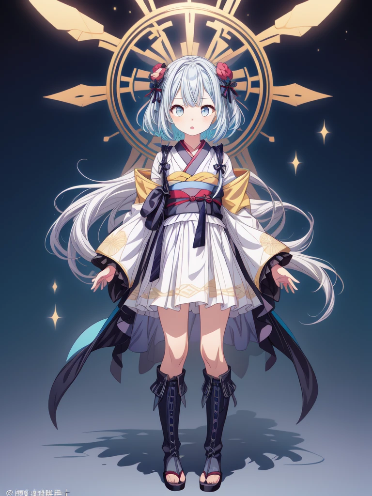 (((1girl)))、Star Fairy、vtuber-fullbody、(((highest quality、Masterpiece、The best composition、Golden Ratio、Official Art、Super detailed、Super detailedな目)))、ultra detailed, from front, headshot、 blue and white hair color、Short bangs above eyebrows、Short Hair、Standing in front of the viewer、A galaxy patterned outfit made from a remake of kimono and gothic ta, with dark blue and light blue as the main colors.、The sleeves are long and the hands are hidden、Knee-high boots、Pure white simple background、