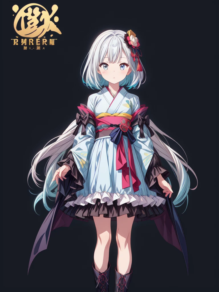 (((1girl)))、Star Fairy、vtuber-fullbody、(((highest quality、Masterpiece、The best composition、Golden Ratio、Official Art、Super detailed、Super detailedな目)))、ultra detailed, from front, headshot、 blue and white hair color、Short bangs above eyebrows、Short Hair、Standing in front of the viewer、A galaxy patterned outfit made from a remake of kimono and gothic lolita, with dark blue and light blue as the main colors.、The sleeves are long and the hands are hidden、Knee-high boots、Pure white simple background、
