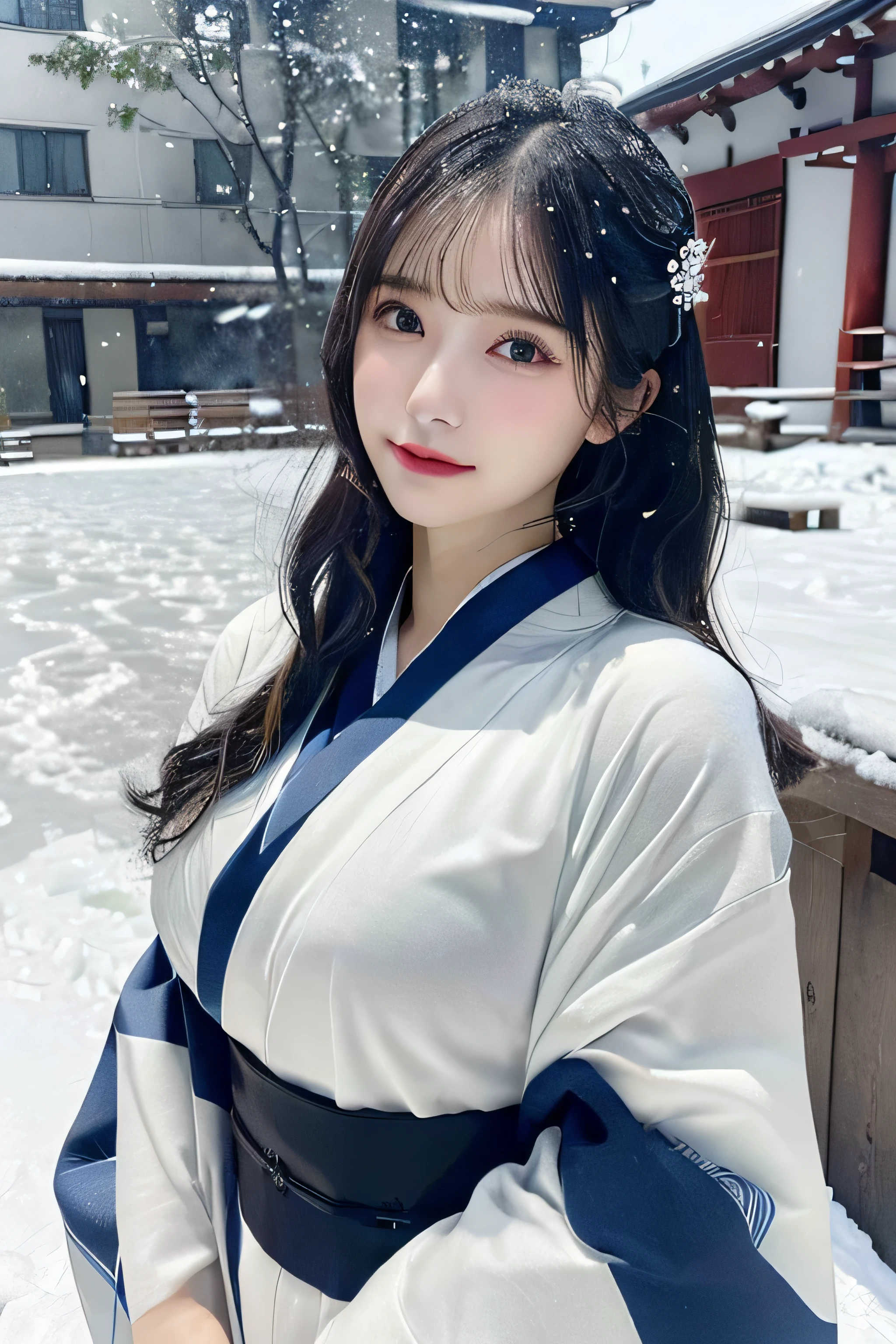 (Kawaii Kimono:1.3)、、(top-quality,masterpiece:1.3,超A high resolution,),(ultra-detailliert,Caustics),(Photorealsitic:1.4,RAW shooting,)Ultra-realistic capture,A highly detailed,high-definition16Kfor human skin、 Skin texture is natural、、The skin looks healthy with an even tone、 Use natural light and color,One Woman,japanes,,kawaii,A dark-haired,Middle hair,(depth of fields、chromatic abberation、、Wide range of lighting、Natural Shading、)、、(Falling snow:1.3)、(Hair swaying in the wind:1.3)、(Snow reflects light:1.3) 、(Large Breasts:1.3)、