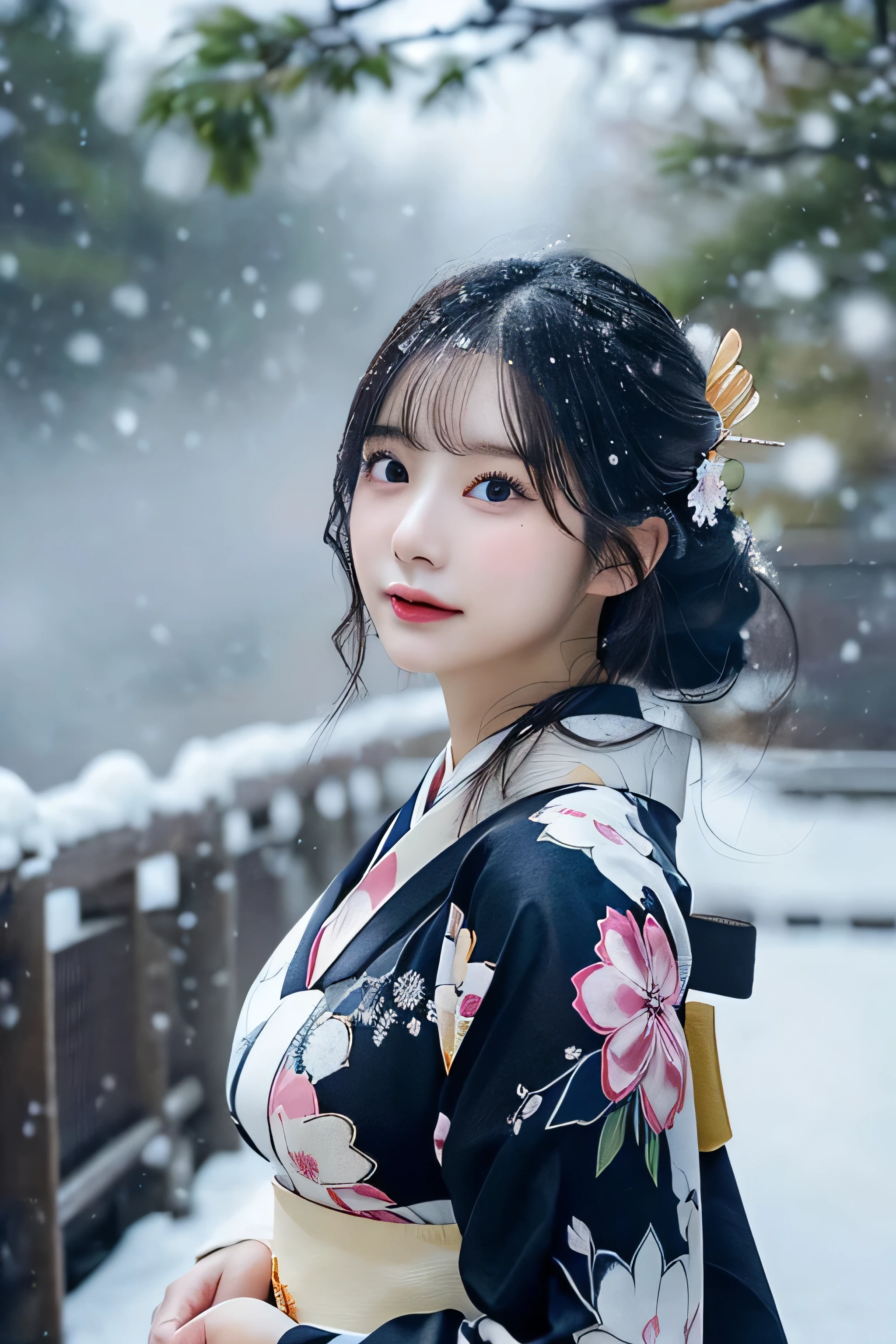 (Kawaii Kimono:1.3)、、(top-quality,masterpiece:1.3,超A high resolution,),(ultra-detailliert,Caustics),(Photorealsitic:1.4,RAW shooting,)Ultra-realistic capture,A highly detailed,high-definition16Kfor human skin、 Skin texture is natural、、The skin looks healthy with an even tone、 Use natural light and color,One Woman,japanes,,kawaii,A dark-haired,Middle hair,(depth of fields、chromatic abberation、、Wide range of lighting、Natural Shading、)、、(Falling snow:1.3)、(Hair swaying in the wind:1.3)、(Snow reflects light:1.3) 、(Large Breasts:1.3)、