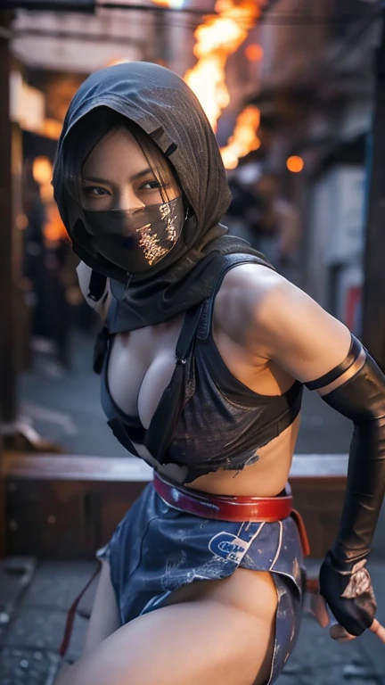 ((whole body)),(((Binding:1.3))),(RAW shooting, Photorealistic:1.5, 8k, highest quality, masterpiece, Ultra-high resolution), Sengoku, fire thing, War fires raging everywhere:1.3, Perfect dynamic composition:1.2, Highly detailed skin and facial textures:1.2, Slim female ninja captured:1.3、((Hand restraint:1.2)), beautifully、aesthetic, Cute and sexy beauty, Perfect Style:1.2, Wear an exquisite ring, fire, water, Wind, thunder, ice, Fair skin, Very beautiful face, Glowing White Skin, (Mid-chest), A faint smile, (Wearing a sexy ragged ninja outfit with holes、Tattered Ninja Clothing:1.2、Clothes being removed), No sleeve、Off the shoulder、 (Beautiful Blue Eyes), (Fascinating:1.3), Cowboy Shot, No mask, ninjitsu pose, Neon Light, ninjitsu style, Magic Light, Chakra Light, aura