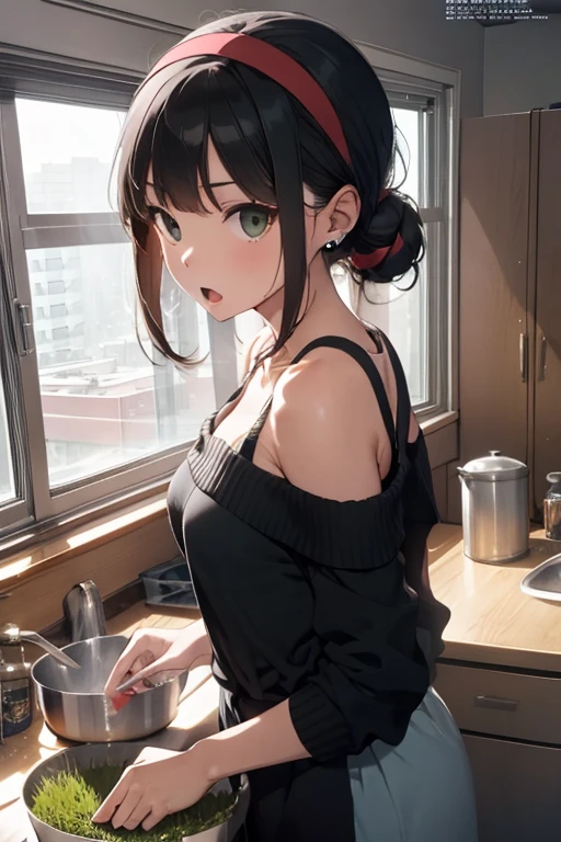 (small breasts:1.3), (perky chest:1.1), (pointed chest:1.0), (fashion magazine cover:1.3),(from below:1.0),(from side:0.9),masterpiece, 1girl, Amazing Cleavage:1.1, thin waist, big ass, Raised sexy, small breast: 1.3, posed cleavage:1.2、solo, looking at viewer, open mouth, have a cute grass of cute beergrass,black hair, dark green eyes, dress, bare shoulders, jewelry, collarbone, sidelocks, hairband, earrings, indoors, off shoulder, :o, sweater, arms behind back, plant, short hair with long locks, gild hairband, off-shoulder dress, sweater dress, off-shoulder sweater, red sweater, dark gord hair, big side hair, very long side hair,is rendered in (masterpiece: 1.2, best quality), with (ultra high resolution) and an exquisite (depth of field). This masterpiece is not only visually stunning but also tells,A scene of cooking in the kitchen by classroom
