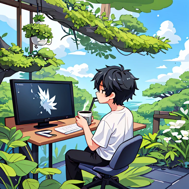 8k、High resolution、Japan male in his 30s、Sitting in a chair drinking coffee in nature、Dressed in a white T-shirt and black pants、Back view、artistic、Computer on desk、Rich in greenery、The sky is blue、The clouds are white、ambitious、creative、I like nature、Bright atmosphere