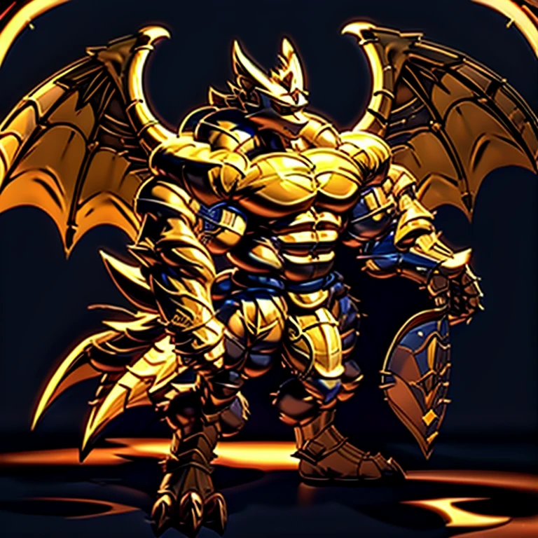(LUCARIO, 8K), (Masterpiece, highres), (Golden armor, medieval armor, horned helmet, full armor), (Detailed head, Detailed Body, Detailed abs, full body), (wearing a cloak),
(gigantic muscles, Gigachad Muscular, big muscle, pecs, triceps, traps, unusually developed muscular body, body full of huge muscles. showing off muscles, pectorales enormes, Exaggeratedly huge muscles.),
(nj5furry, The claws are sharp, Sharp teeth, sharp claws), (long legs), (Golden wings, Spread wings, It has wings, have big wings), (black color hyper penis, hyper black penis, penis),