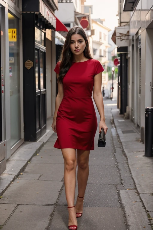 arafed woman in a vestido rojo and black purse walking down a street, girl wears a vestido rojo, modelo de moda elegante, elegant vestido rojo, wearing a vestido rojo, wearing vestido rojo, usando un vestido elegante, vistiendo un traje rojo, vistiendo un traje elegante, estilo de julia razumova, vestido rojo, chica elegante en traje urbano, mujer vestida