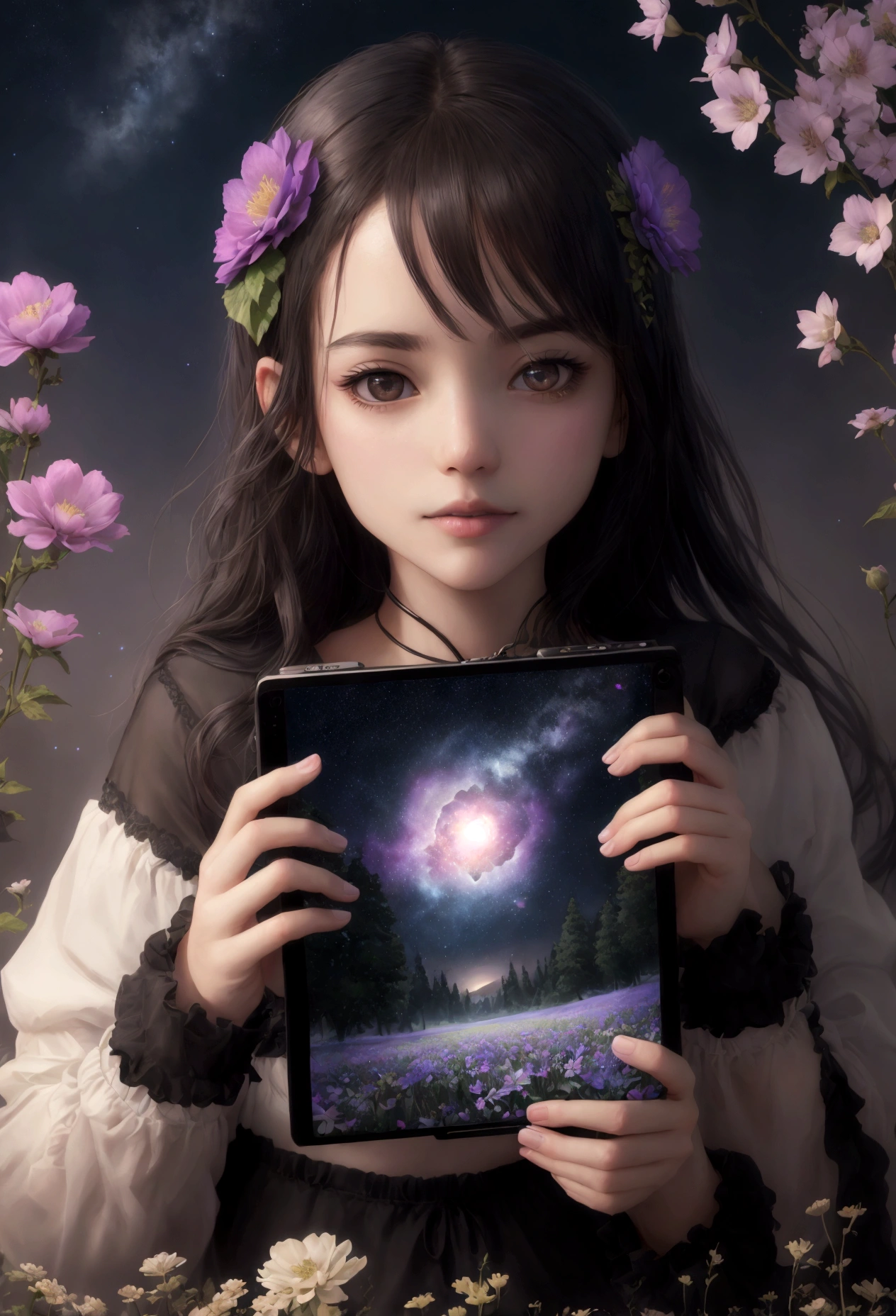 Night view, surreal, Flower Field, Star, Elevated, close up, high resolution, Surrealism, Long-term contact, best Leica camera, The best Leica lenses, Ultra high quality, 32k, photo, poster, portrait photography, Concept Art, wildlife photography