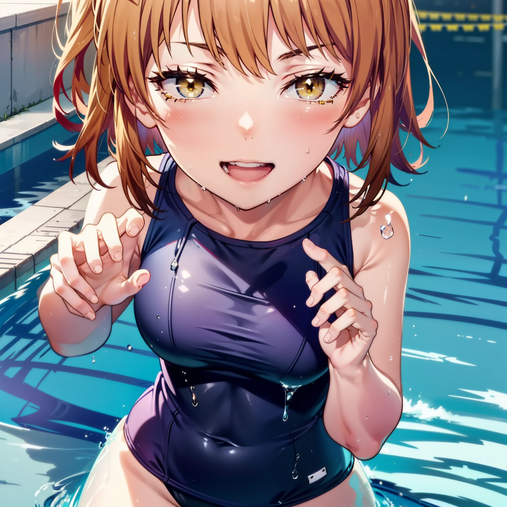 irohaisshiki, iroha isshiki, short hair, Brown Hair, (Brown eyes:1.5), smile,Hair Bun, double Hair Bun,happy smile, smile, Open your mouth,Big Breasts,smile,Wet swimsuit,Wet Hair,Wet Skin,whole bodyがイラストに入るように,School Swimsuit,School Swimsuitを着た群衆,student,sunny,Daytime,
break outdoors ,School,Outdoor swimming pool,
break looking at viewer, whole body,(Cowboy Shot:1. 5) ,
break (masterpiece:1.2), highest quality, High resolution, unity 8k wallpaper, (shape:0.8), (Beautiful details:1.6), Highly detailed face, Perfect lighting, Extremely detailed CG, (Perfect hands, Perfect Anatomy),
