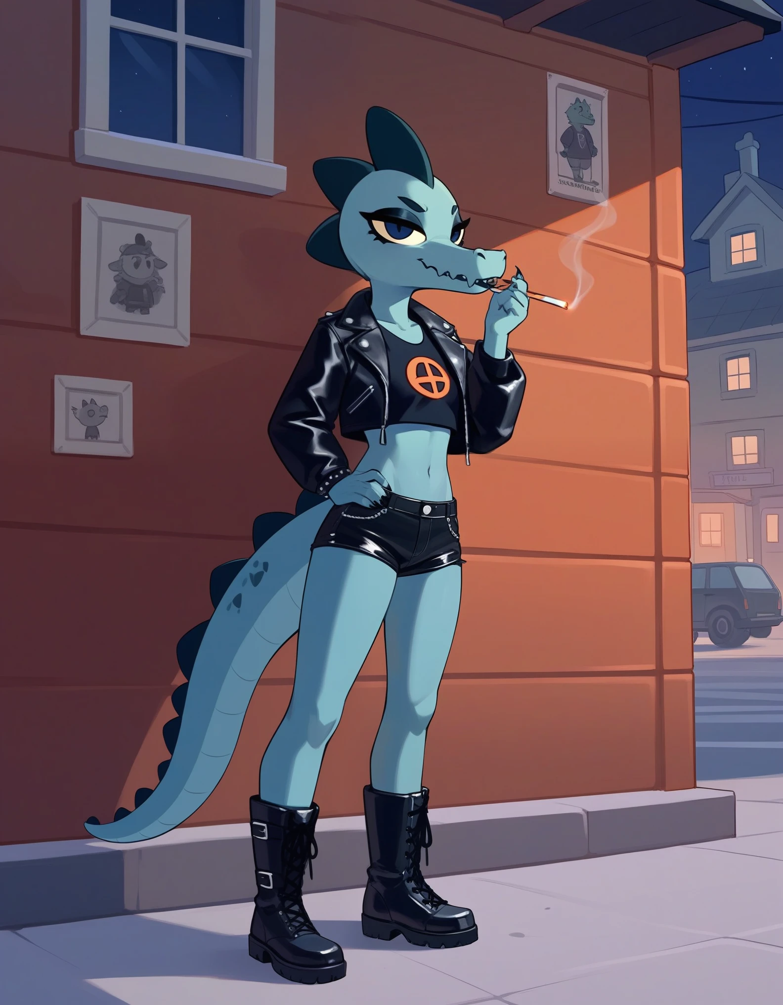 score_9,score_8_up,score_7_up, source_furry, Bea Santello from night in the woods, Anthro crocodile, a cigarette in her mouth, wearing leather jacket, black crop top, black short shorts, black boots, pouting face, leaning against a wall, outdoors, at night, in a town, standing, indoors