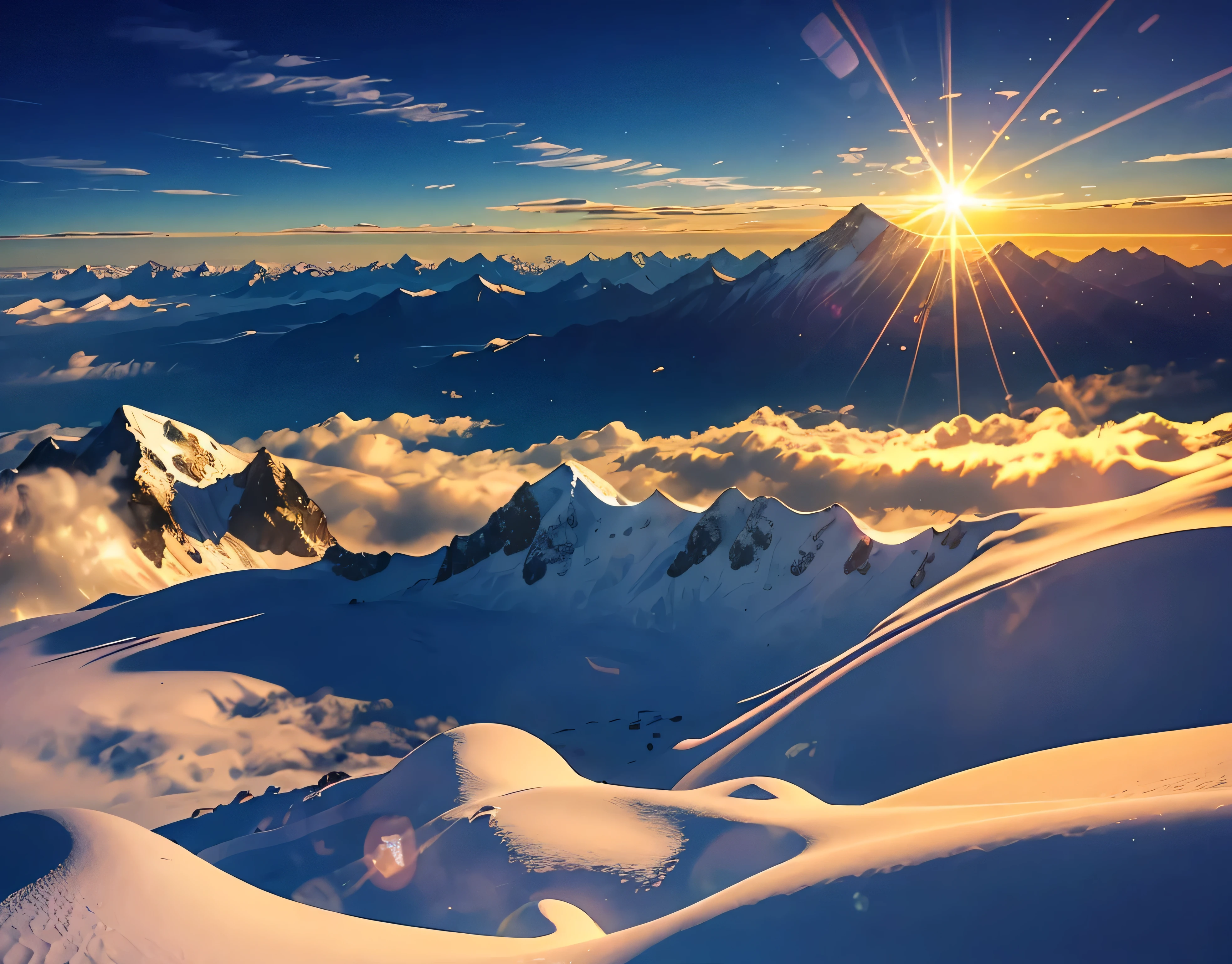 A magnificent sea of clouds、wood々、The mountain was covered with snow々、Clear skies、Lots of lens flares、The morning sun shines brightly、The morning sun shines brightly、(Ultra-realistic:1.2), High resolution, (Bright colors, High resolution:1.1), (Sharp focus:1.1), (Physically Based Rendering:1.1), Tyndall effect, Colorful lights, (((Light shines through the gaps in the clouds))), Beautiful perspective, Contrasting Shadows, moving composition, Realistic landscape, unique configuration, Soft texture, Intricate details, Mysterious atmosphere, An artistic exploration of light and shadow,Golden dazzling light、A world view that will captivate all who see it、The world of nature、View from 3000m above sea level and mountain hut