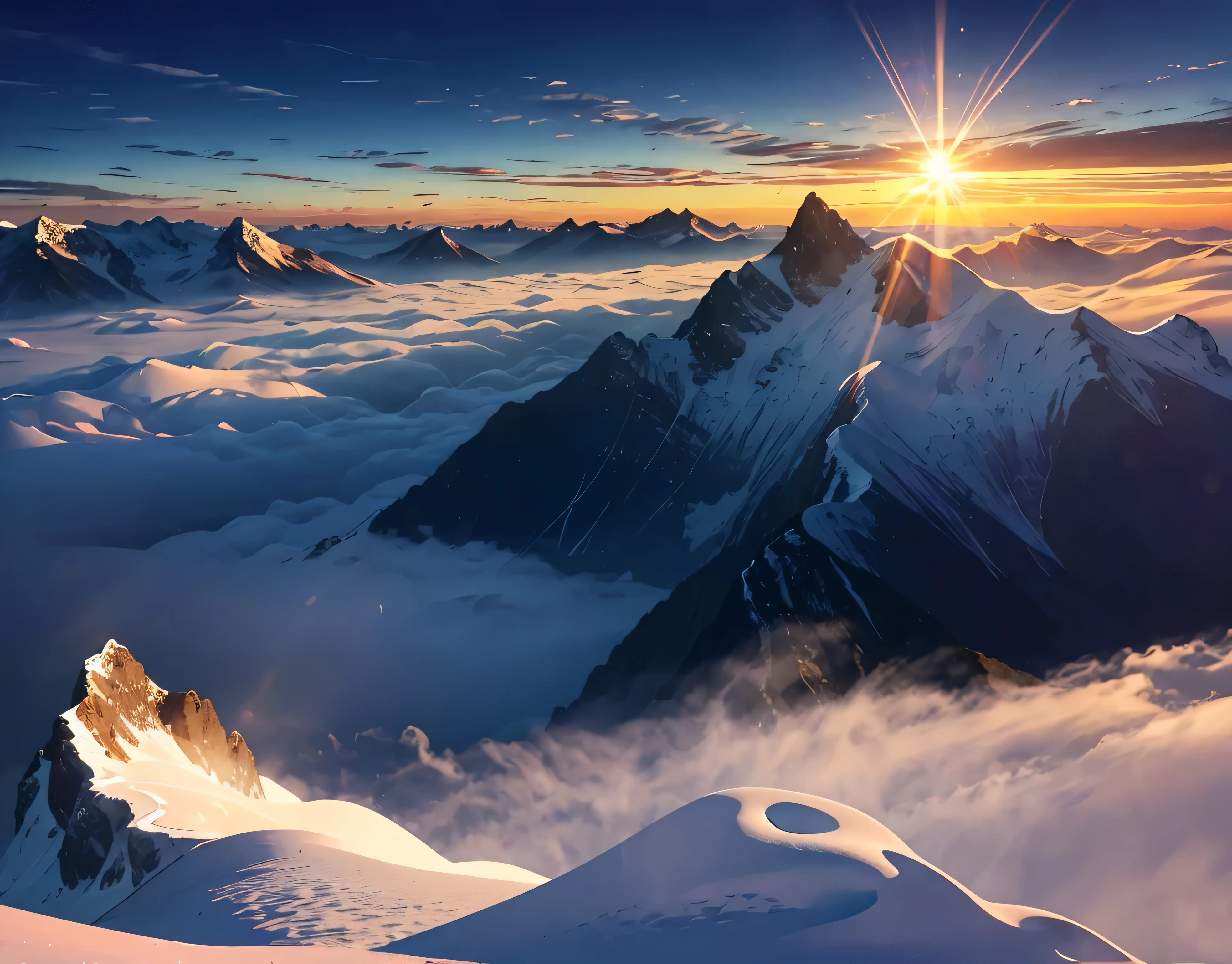 A magnificent sea of clouds、wood々、The mountain was covered with snow々、Clear skies、Lots of lens flares、The morning sun shines brightly、The morning sun shines brightly、(Ultra-realistic:1.2), High resolution, (Bright colors, High resolution:1.1), (Sharp focus:1.1), (Physically Based Rendering:1.1), Tyndall effect, Colorful lights, (((Light shines through the gaps in the clouds))), Beautiful perspective, Contrasting Shadows, moving composition, Realistic landscape, unique configuration, Soft texture, Intricate details, Mysterious atmosphere, An artistic exploration of light and shadow,Golden dazzling light、A world view that will captivate all who see it、The world of nature、View from 3000m above sea level and mountain hut