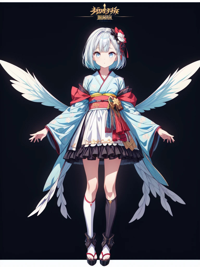 (((1girl)))、Star Fairy、vtuber-fullbody、(((highest quality、Masterpiece、The best composition、Golden Ratio、Official Art、Super detailed、Super detailedな目)))、ultra detailed, from front, headshot、 blue and white hair color、Short bangs above eyebrows、Short Hair、Standing in front of the viewer、A galaxy patterned outfit made from a remake of kimono and gothic lolita, with dark blue and light blue as the main colors.、The sleeves are long and the hands are hidden、Knee-high boots、Pure white simple background、