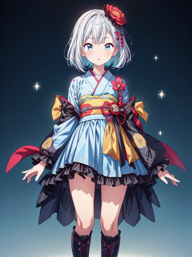 (((1girl)))、Star Fairy、vtuber-fullbody、(((highest quality、Masterpiece、The best composition、Golden Ratio、Official Art、Super detailed、Super detailedな目)))、ultra detailed, from front, headshot、 blue and white hair color、Short bangs above eyebrows、Short Hair、Standing in front of the viewer、A galaxy patterned outfit made from a remake of kimono and gothic lolita, with dark blue and light blue as the main colors.、The sleeves are long and the hands are hidden、Knee-high boots、Pure white simple background、