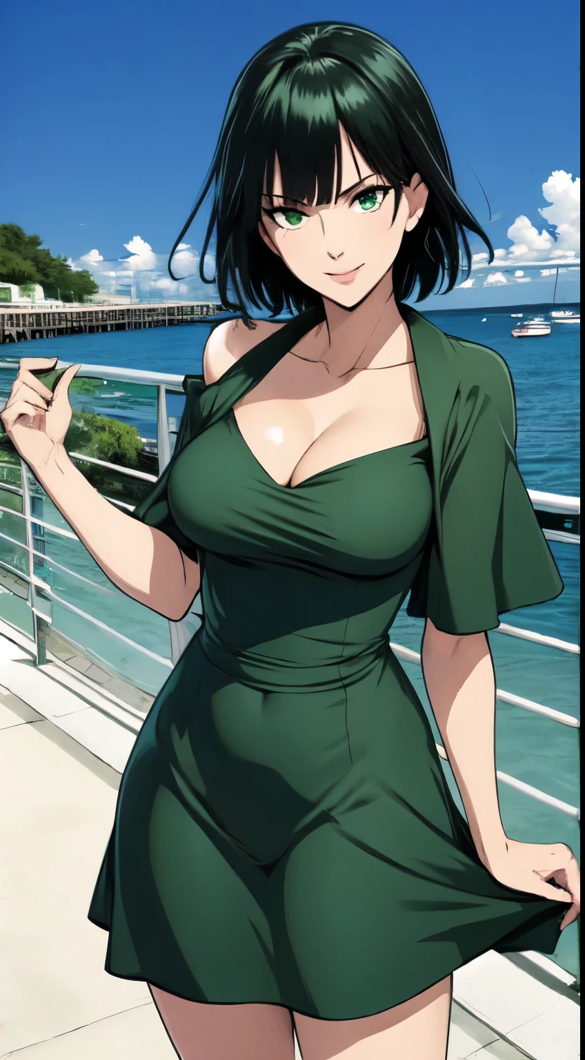 Fubuki, master piece, best image quality, facing the camera, evil smile, green skirt, Sexy tall, looking straight at the camera, short hair, Perfect body, seaside, green hair, off-the-shoulder clothes, medium breasts, cleavage, revealing dress, (1girl), sole girl, covered in,