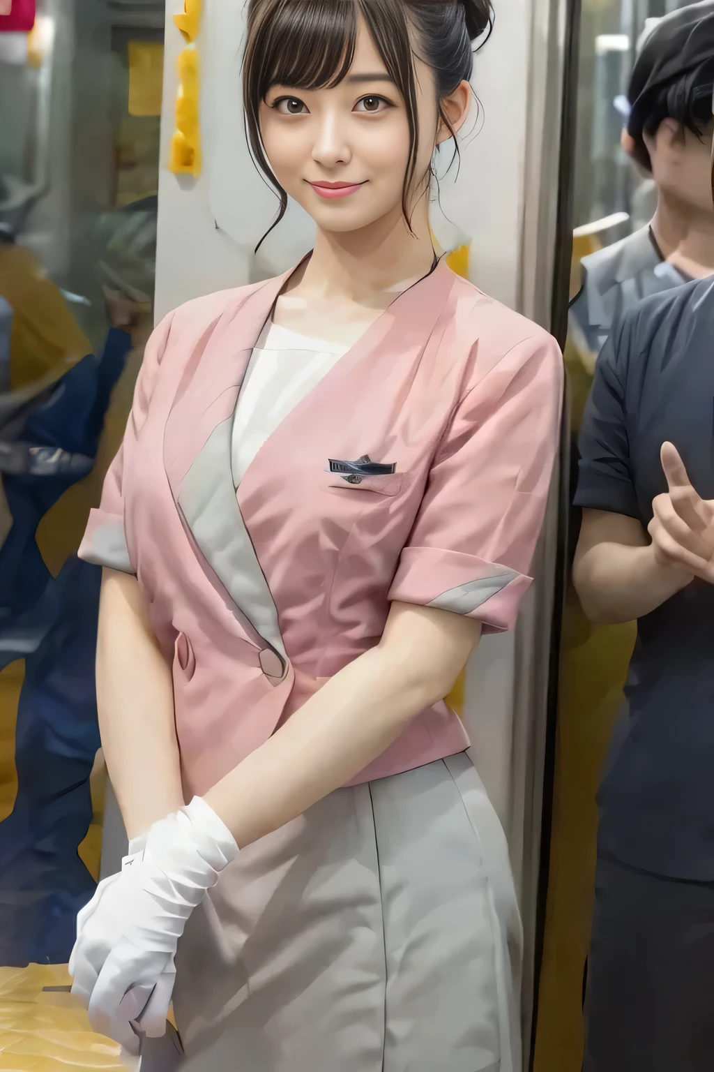 (masterpiece:1.2, highest quality:1.2), 32K HDR, High resolution, (alone、1 girl)、(On the rooftop of a building in the daytime、Professional Lighting)、Building rooftop background、(Nankai train crew uniform pinkを着たリアルスタイル)、(Nankai train crew uniform pink short sleeve pink jacket、Nankai Train Crew Uniform Pink Collarless Short Sleeve Blouse、Nankai Train crew uniform pinkのグレー色のキュロットスカート)、Dark brown hair、(Hair tied up、Hair Bun、Hair Bun)、Dark brown hair、Long Shot、Big Breasts、Thin legs、((Great hands:2.0)),((Harmonious body proportions:1.5)),((Normal limbs:2.0)),((Normal finger:2.0)),((Delicate eyes:2.0)),((Normal eyes:2.0)))、smile、(Nankai Train crew uniform pinkのグレー色のキュロットスカートを見せた美しい立ち姿)、Put your hands down、I have nothing in my hands