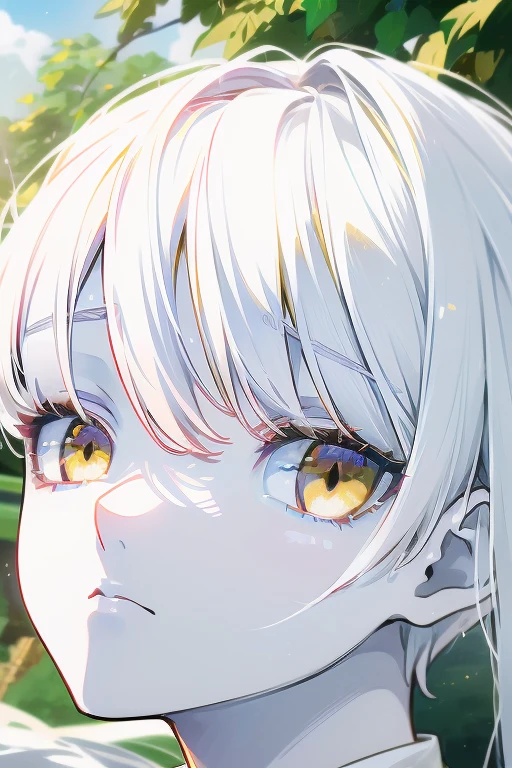 masterpiece, (key anime visual), (((HDR))), ((best quality)), (ultra high quality), (hi-res), ((1 anime boy)) (((gold eyes and white skin))), beautiful eyes, ((teen)), (((white hair))), (bangs), facing camera, in a garden, close up