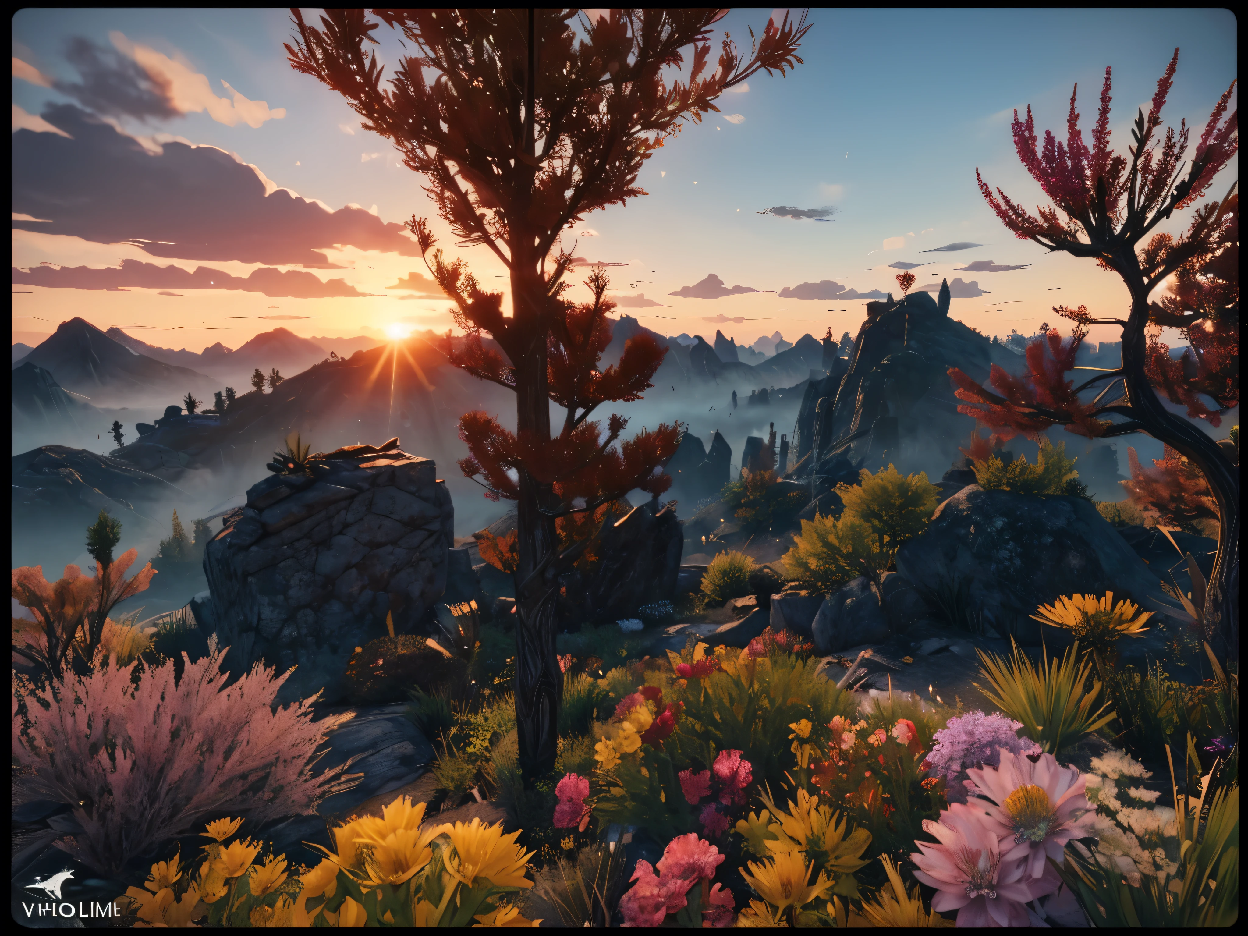 Phoenix, Skyrim. Sunset. Horizontal planes, crystals, flowers and plants