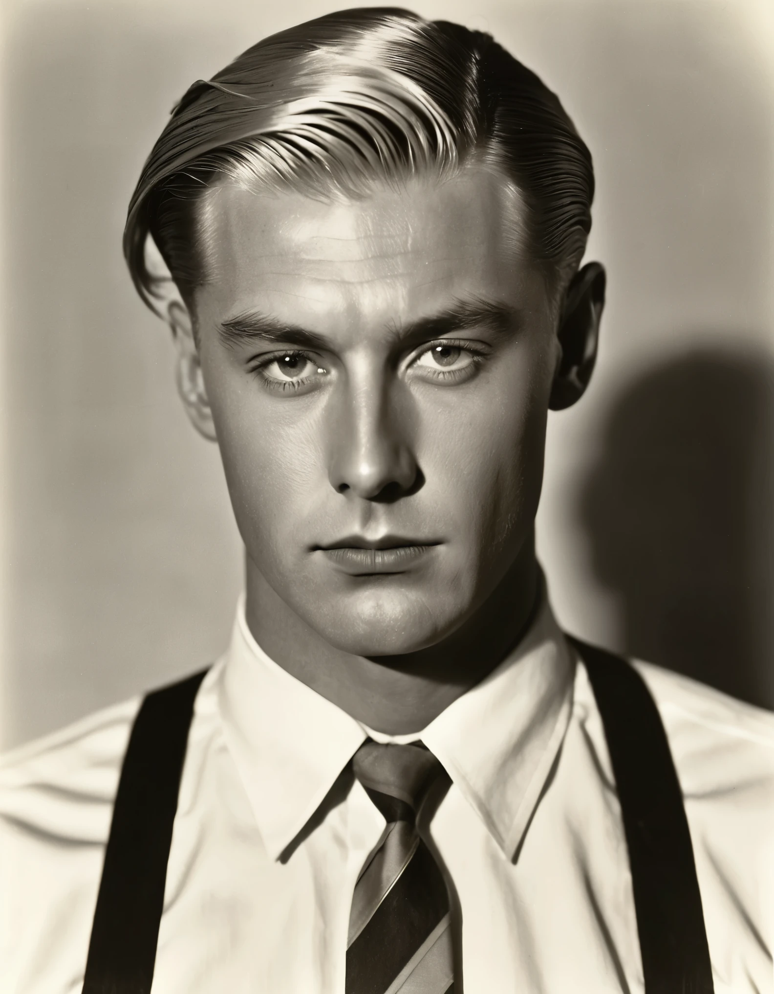 arafed photo of a man with a tie and a shirt, , inspired by Harry Haenigsen, author unknown, 1 9 3 0 s haircut, by Phillip Otto Runge, by Carl Critchlow, edward hooper, by Edward Weston, blonde man, short hair on top of his head, inspired by Sven Nordqvist