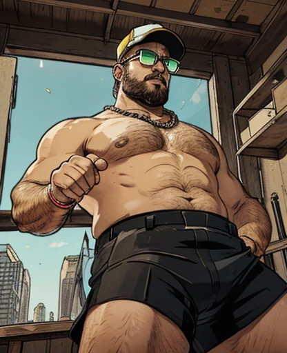 1 chubby man with falando ao Celular , gesturing with hands, conversando com o expectador, ((he is a construction worker he is working in construction)). fotografia de Corpo completo imagem de corpo inteiro , ele trabalha de encanador, ele trabalha de pedreiro, ele trabalha de eletricista, he works as a metalworker. He has a cap, he has a hat, He wears prescription glasses, he wears sunglasses, ele tem barba curta, ele tem barba enorme, he is stroking his crotch looking at the viewer. Ele tem anos, idoso, cabelo grisalho, barba grisalho. He wears a digital watch on his wrist, He wears several Nordic bracelets on his wrist., he wears a gold chain around his neck. Ele usa pulseiras de prata no pulso. Corpo de homem urso papai americano, he is taking off his shorts he is taking off his underwear with his hands for the viewer to see. View from below close to the groinOnly plump, chubby, extremely thick thighs, large belly, fat, very bearded, sunglasses with clear lenses 60%, he is a lifeguard and he is only wearing white or bluish yellow or gray swimming trunks full body photography , foto3D estilizado, Arnold Maya render
