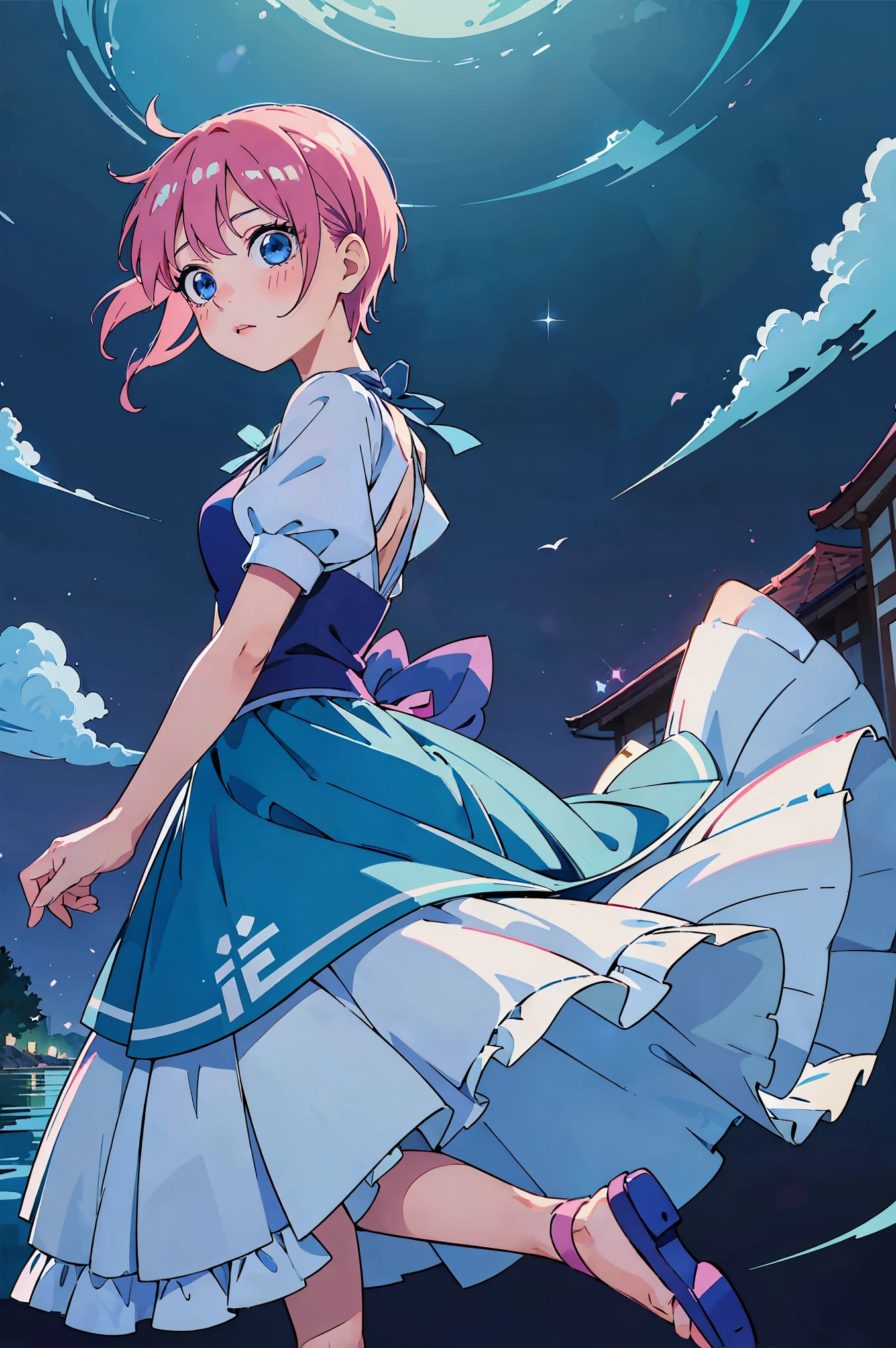 Ichika nakano, dancing in the moonlight, dynamic pose, moonlight background, full body, dancing girl, pretty flowing dress, simple black organza dress, indigo dress, wind, sweet dreamy face, (Old anime, vintage anime, 90's anime style, naoko takeuchi style, masterpiece、top-quality, Official art、Beautifully Aesthetic:1.2)、(a beauty girl:1.3)、vivid colours、colourful, magical photography, dramatic lighting, intricate details, (1 girl, solo, alone), , sfw, nakano_ichika, blue eyes, indigo eyes, aaichika, sparkling blue eyes, sfw, pretty teenage girl with short pink hair, hair ribbon, green ribbon, heart shaped lips and blue eyes making a cute face, blushing, aayotsuba, Nakano ichika from The Quintessential Quintuplets, yotsuba Nakano, masterpiece, 4k, ultradetailed, cowboy shot, short pink hair,, blushing,, blue eyes, innocent, pure, kawaii, tender, lovely, cheery, cute