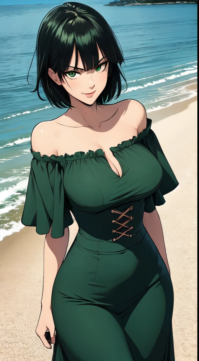 Fubuki, master piece, best image quality, facing the camera, evil smile, green skirt, Sexy tall, looking straight at the camera, short hair, Perfect body, seaside, green hair, off-the-shoulder clothes, medium breasts, cleavage, revealing dress, (1girl), sole girl, covered in,