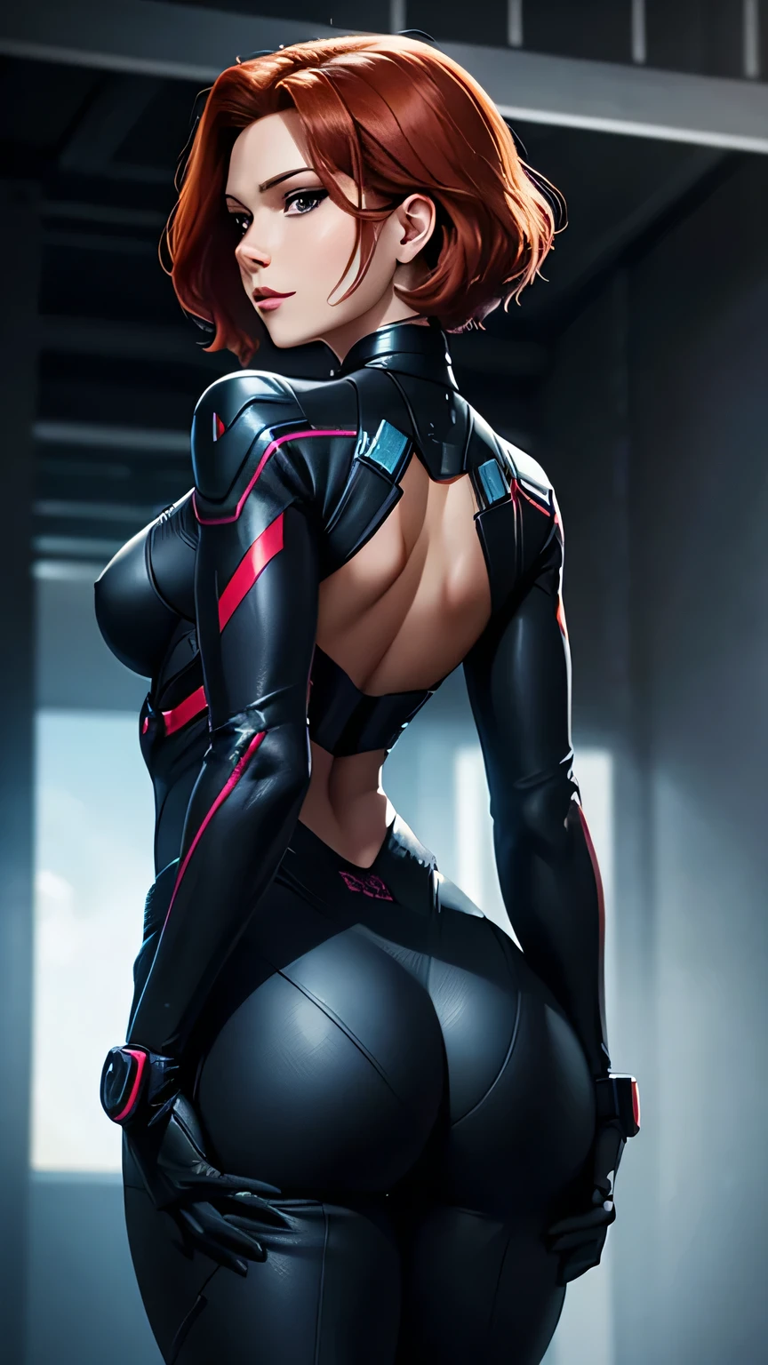 Leaning Slightly Forward: With her back to the viewer, Black Widow leans slightly forward, turning her head to give a seductive smile. Her tight tactical suit emphasizes her curves and athletic build. Her short hair falls neatly around her face, enhancing her captivating expression.