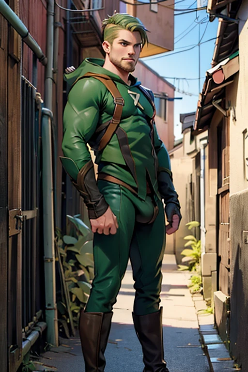 Nsfw, stephen amell as green arrow indecent posing ,standing with spread legs, pissing in an alley on the floor, showing his cock and balls and muscles, hold his cock with his hand