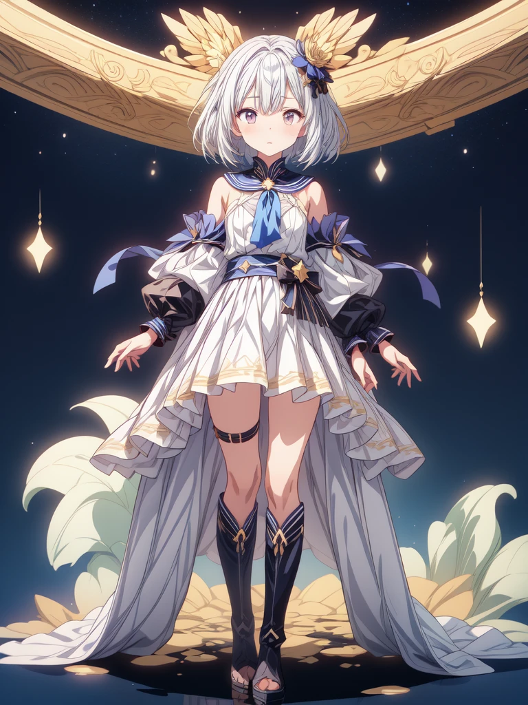 (((1girl)))、starの妖精、vtuber-fullbody、(((highest quality、Masterpiece、The best composition、Golden Ratio、Official Art、Super detailed、Super detailedな目)))、ultra detailed, from front, headshot、 blue and white hair color、Short bangs above eyebrows、Short Hair、Standing in front of the viewer、着物とゴスロリをリメイクしたMilky Way柄の洋服で濃紺と水色を基調にした色、The sleeves are long and the hands are hidden、Knee-high boots、Pure white simple background、star、Milky Way、universe、流star群、