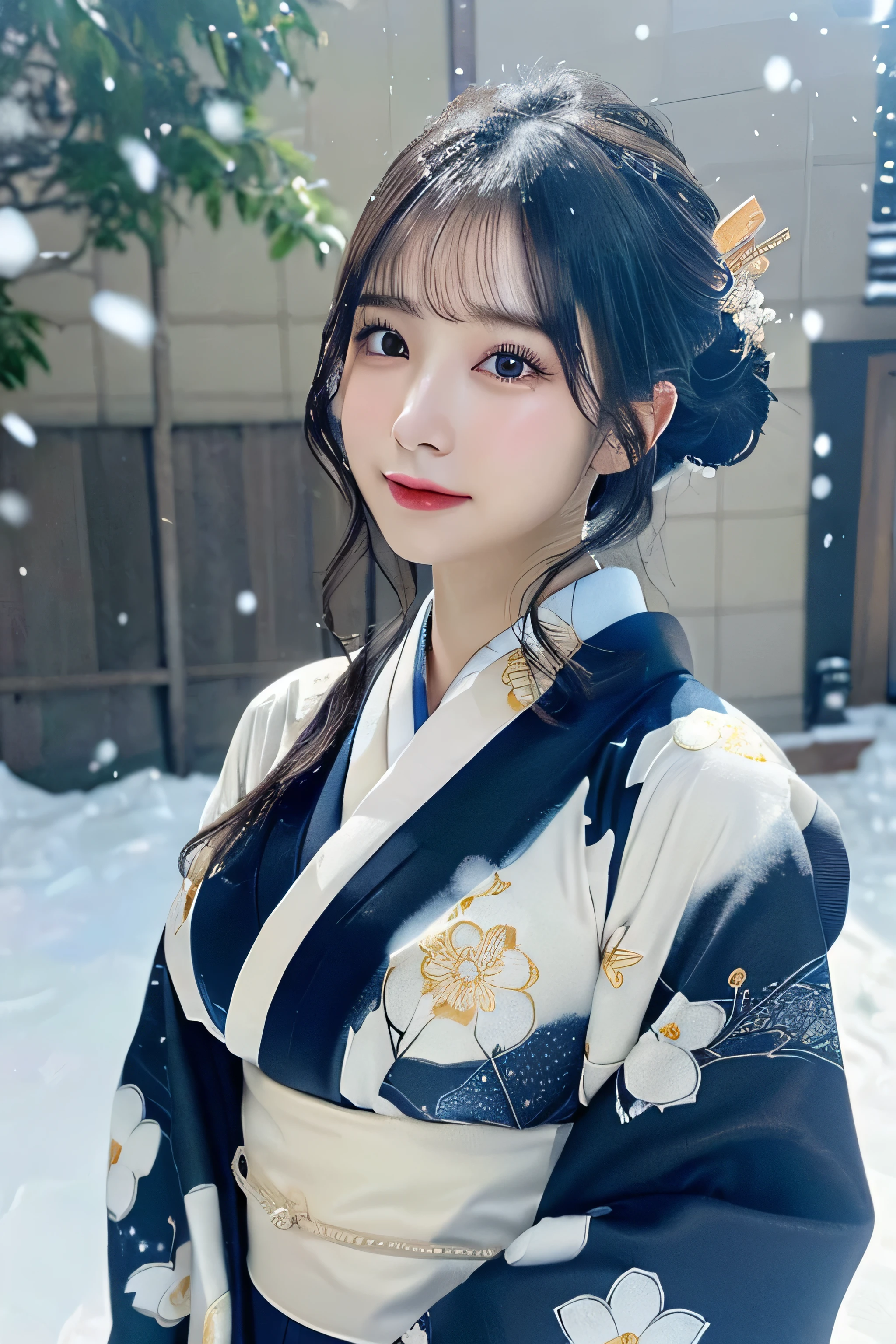 (Kawaii Kimono:1.3)、、(top-quality,masterpiece:1.3,超A high resolution,),(ultra-detailliert,Caustics),(Photorealsitic:1.4,RAW shooting,)Ultra-realistic capture,A highly detailed,high-definition16Kfor human skin、 Skin texture is natural、、The skin looks healthy with an even tone、 Use natural light and color,One Woman,japanes,,kawaii,A dark-haired,Middle hair,(depth of fields、chromatic abberation、、Wide range of lighting、Natural Shading、)、、(Falling snow:1.3)、(Hair swaying in the wind:1.3)、(Snow reflects light:1.3) 、(Large Breasts:1.3)、