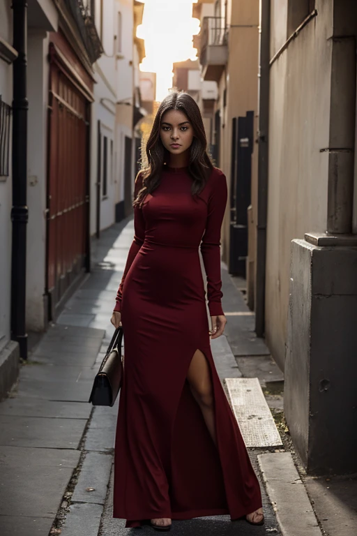 Mujer arafed con un vestido rojo y un bolso negro caminando por una calle., una foto de Marie Bashkirtseff, Tendencias en la sociedad CG, arabesque, la chica lleva un vestido rojo, modelo de moda elegante, elegante vestido rojo, usando un vestido rojo, usando un vestido rojo, usando un vestido elegante, vistiendo un traje rojo, vistiendo un traje elegante