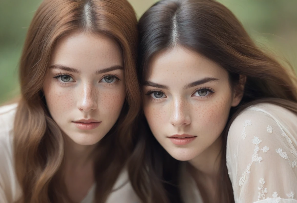 Two beautiful women with long hair, soft lighting, and natural makeup. Both women have freckles and expressive eyes. The atmosphere is serene and intimate, with a close-up shot capturing their delicate features. The background is simple, emphasizing their faces. One woman has dark hair while the other has light brown hair. Their skin tones are fair, and their expressions are gentle and calm. The overall aesthetic is soft and elegant.