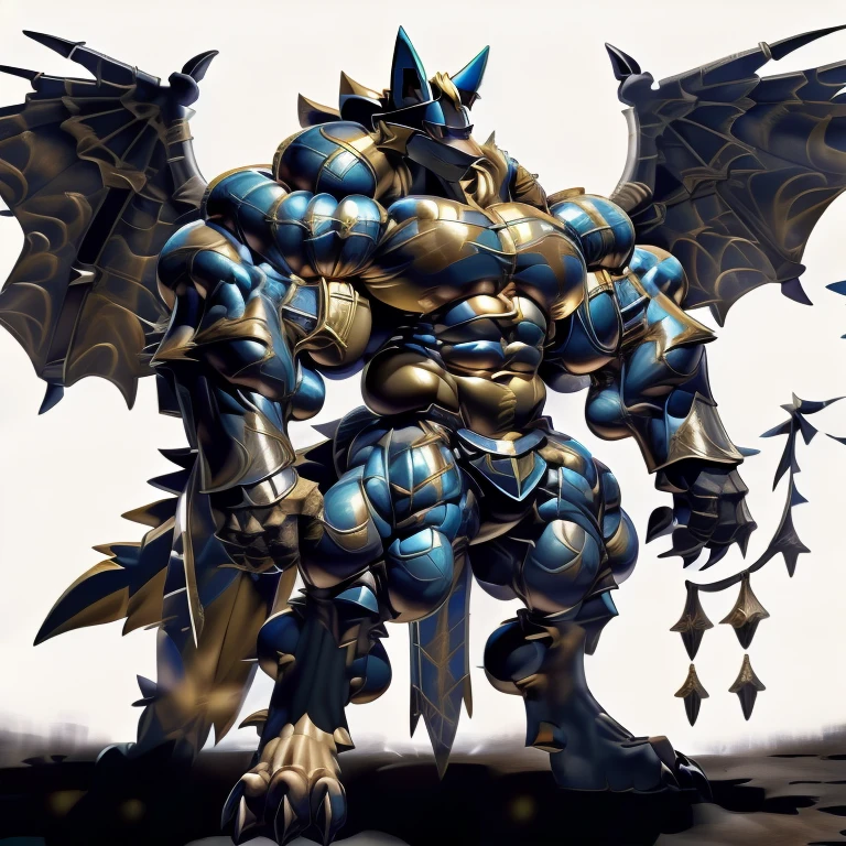 (LUCARIO, 8K), (Masterpiece, highres), (Golden armor, medieval armor, horned helmet, full armor), (Detailed head, Detailed Body, Detailed abs, full body), (wearing a cloak),
(gigantic muscles, Gigachad Muscular, big muscle, pecs, triceps, traps, unusually developed muscular body, body full of huge muscles. showing off muscles, pectorales enormes, Exaggeratedly huge muscles.),
(nj5furry, The claws are sharp, Sharp teeth, sharp claws), (long legs), (Golden wings, Spread wings, It has wings, have big wings),