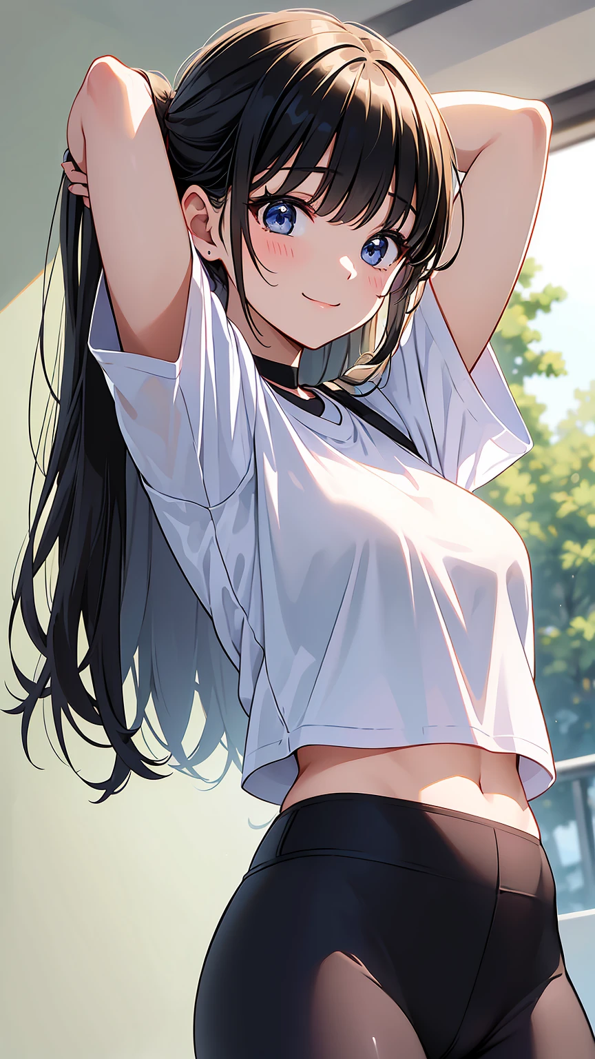 (masterpiece, best quality), ( girl)， 7-year o breasts exposed, (small body), flat chest ((young petite)), charg, clearly NSFW, long Hair pigtails, croptop shirtlift, mini shorts opened up unzipped unbuttoned, bedroom, Striped thigh-highs on her slim little legs, Transparent black top lifted up, use your imagination and make it beautiful