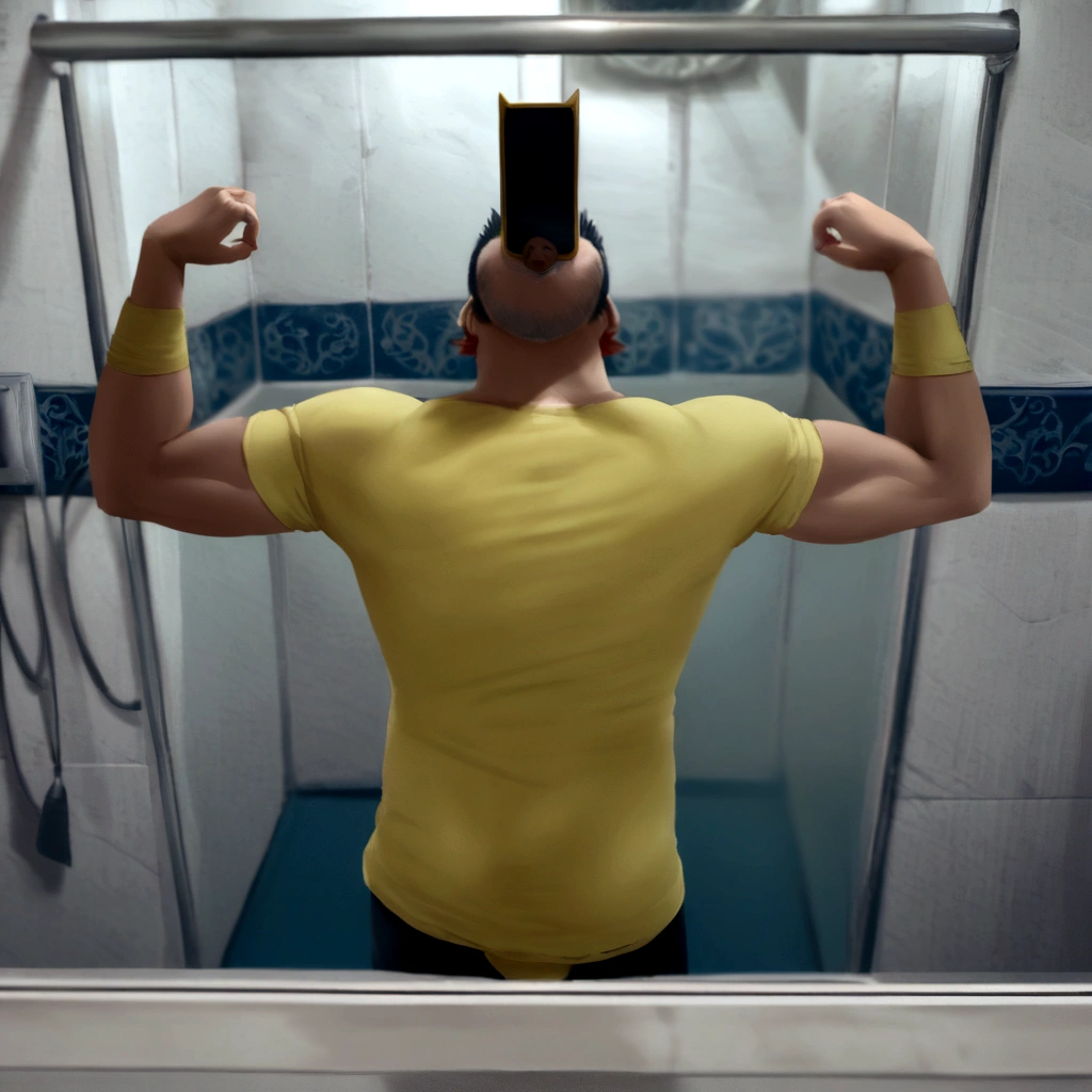 homem arafiado de camisa amarela, incrivelmente forte e alto, com um telefone na boca. extremely symmetrical, in good physical shape, corpo completo
