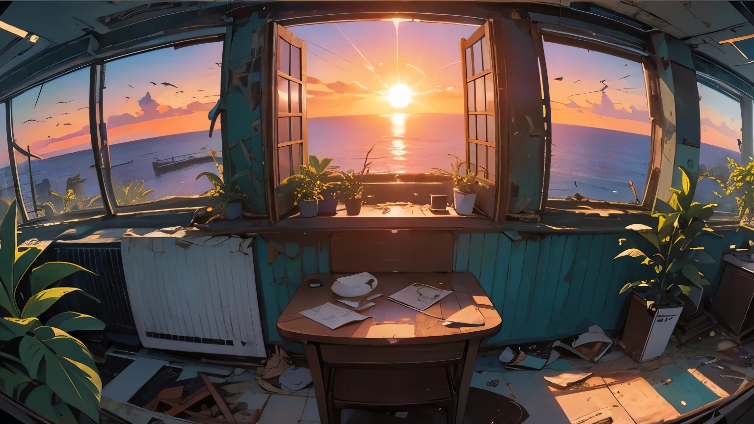 (((Fisheye))), icon, logo, very wide white background, extreme quality, masterpiece, 8k, depth of field, intricate details, (((unattended))), very large margins, lots of text, corporate logo, space, emblem, movie poster, (((abandoned building with sea view))), (((all covered with plants )))), big moon, nostalgia, (((sunset))), supercar, panorama, long shot, backlight