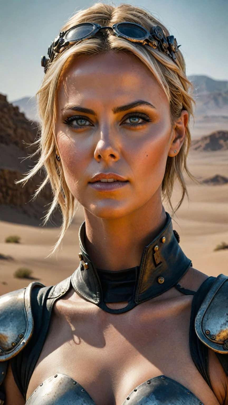 a stunning charlize theron with beautiful detailed eyes,beautiful detailed lips,extremely detailed eyes and face,longeyelashes,robotic-steampunk three-clawed hand,standing in the middle of a desert, photorealistic, 8k, best quality, masterpiece, (realistic:1.37), HRD, UHD, studio lighting, ultra-fine painting, sharp focus, physically-based rendering, extreme detail description, professional, vivid colors, bokeh, concept art, MadMax, cowgirl shot, highly detailed, ultra-realistic, 8k,  cinematic, moody,, photorealistic, hyper detailed, extremely detailed, sharp focus, ultra-fine details


