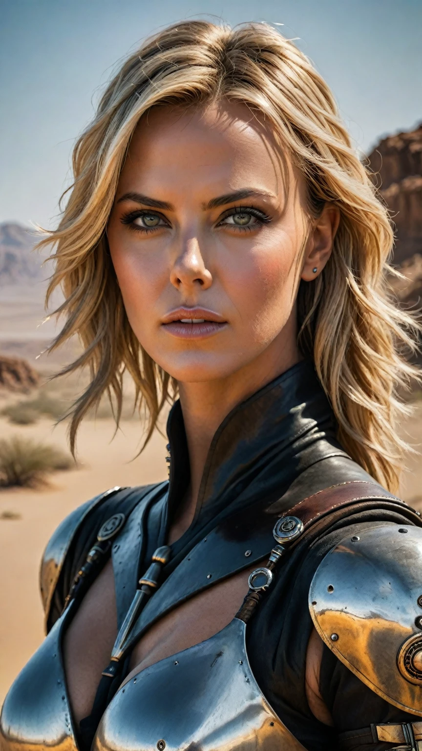 a stunning charlize theron with beautiful detailed eyes,beautiful detailed lips,extremely detailed eyes and face,longeyelashes,robotic-steampunk three-clawed hand,standing in the middle of a desert, photorealistic, 8k, best quality, masterpiece, (realistic:1.37), HRD, UHD, studio lighting, ultra-fine painting, sharp focus, physically-based rendering, extreme detail description, professional, vivid colors, bokeh, concept art, MadMax, cowgirl shot, highly detailed, ultra-realistic, 8k, cinematic, moody,, photorealistic, hyper detailed, extremely detailed, sharp focus, ultra-fine details