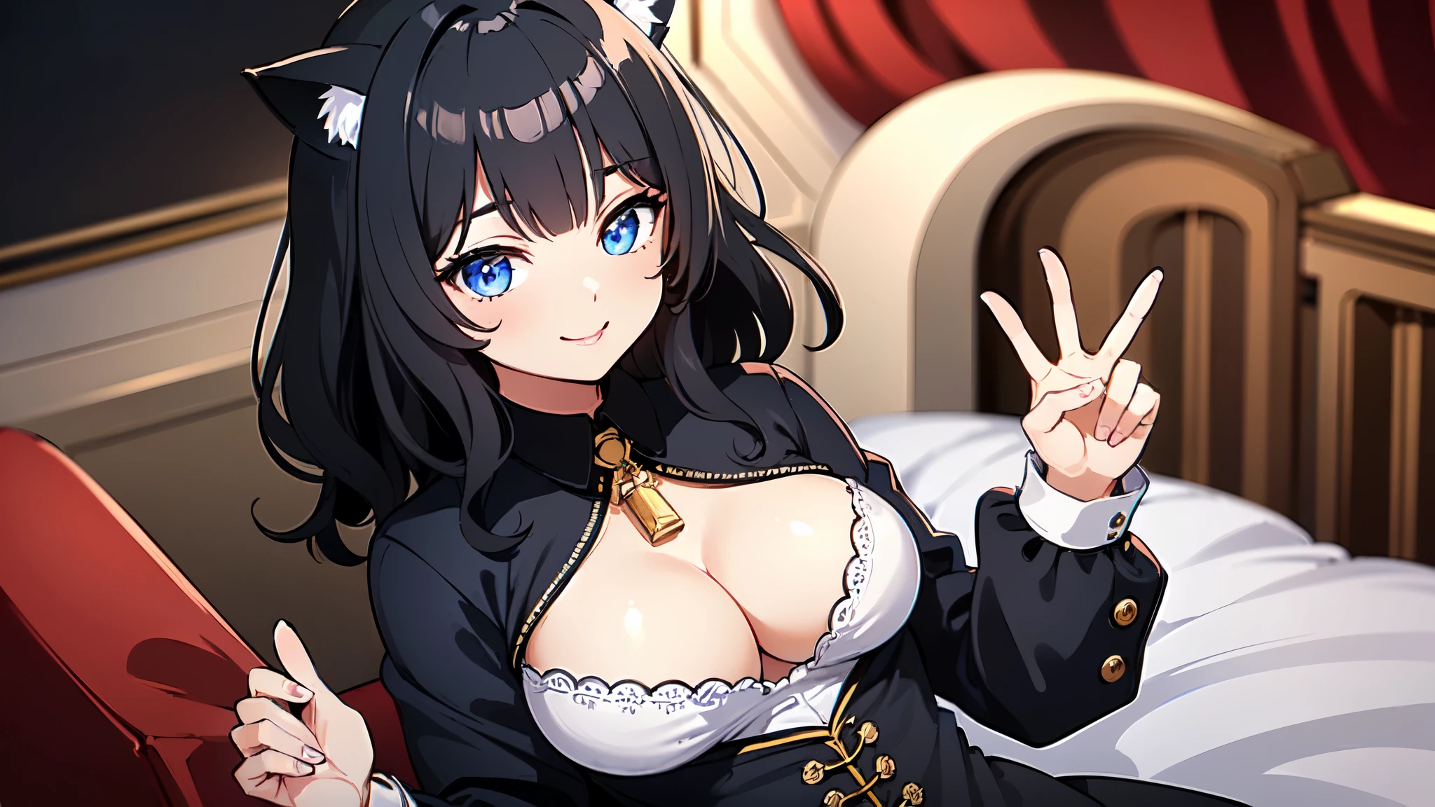 ((highest quality)), ((masterpiece)), (detailed), Perfect Face ,Girl Room Background, 1 girl、((highest quality, expensive_solve, clear_image)),(Black Hair), (Black cat ears), (Ahoge), (Tremendously short hair), (Wavy Hair), (blue eyes),Tremendous smile、I put on my loungewear,Very large breasts、Lay down