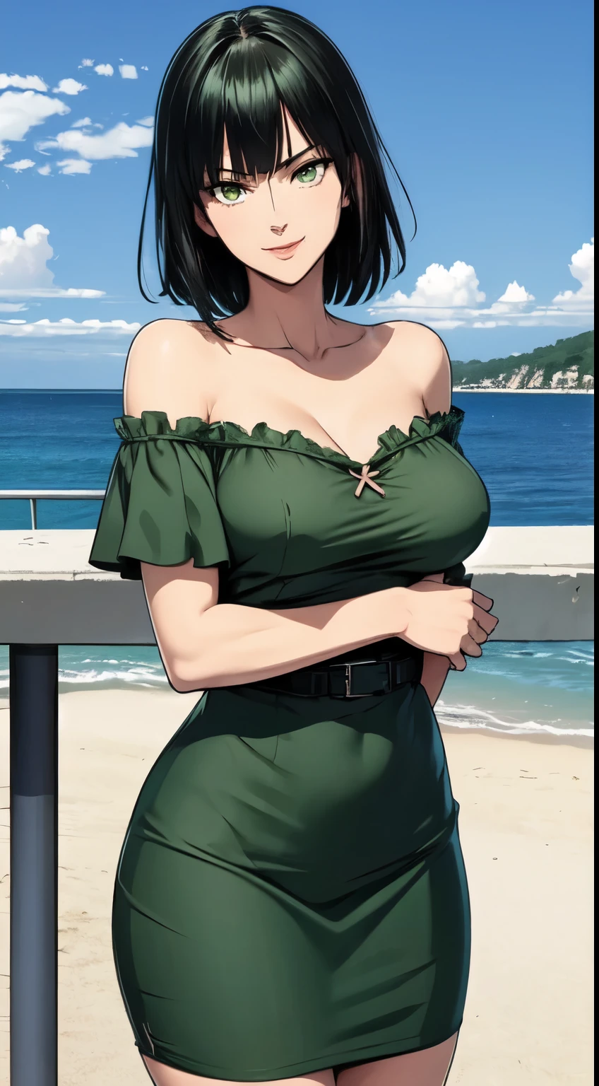 Fubuki, master piece, best image quality, facing the camera, evil smile, green skirt, Sexy tall, looking straight at the camera, short hair, Perfect body, seaside, green hair, off-the-shoulder clothes, medium breasts, cleavage, revealing dress, (1girl), sole girl, covered in,