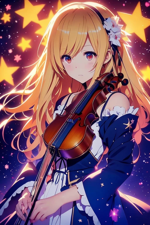 anime girl with violin in front of stars, zerochan art, marisa kirisame, marin kitagawa fanart, anime moe artstyle, (fantasy violin), blonde anime girl with long hair, cushart krenz, anime style like fate/stay night, zerochan, guweiz, artwork in the style of guweiz, in dress, nightcore