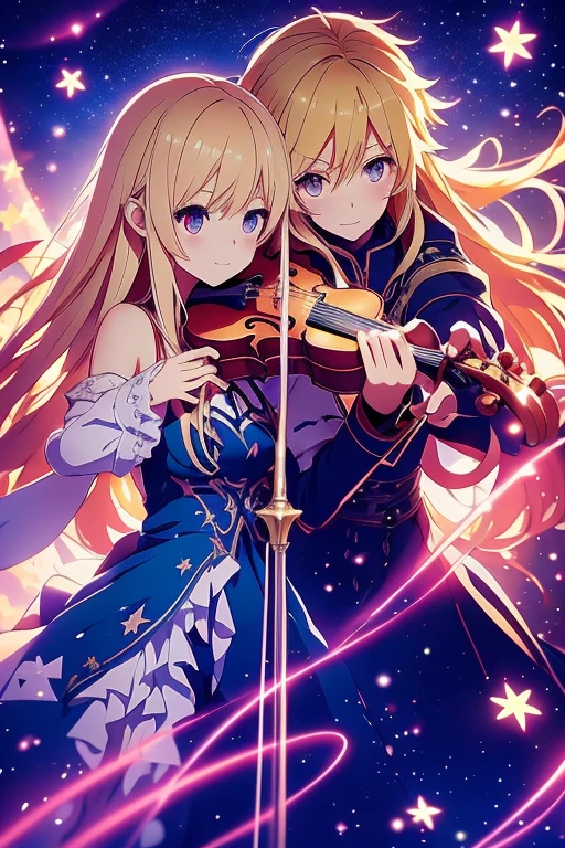 anime girl with violin in front of stars, zerochan art, marisa kirisame, marin kitagawa fanart, anime moe artstyle, (fantasy violin), blonde anime girl with long hair, cushart krenz, anime style like fate/stay night, zerochan, guweiz, artwork in the style of guweiz, in dress, nightcore