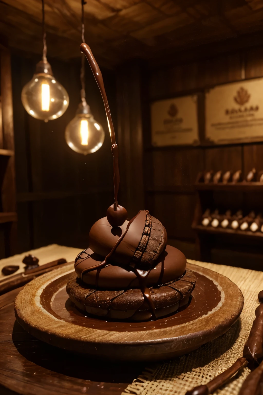 a diverse cacao display booth at a fair,intricate chocolate sculptures,cacao pods and beans,delicate chocolate textures,warm lighting,rich brown and earthy tones,detailed craftsmanship,artisanal confections,premium quality cocoa products,high-end chocolate making process,artful food display,mouthwatering chocolate creations,(best quality,4k,8k,highres,masterpiece:1.2),ultra-detailed,(realistic,photorealistic,photo-realistic:1.37),studio lighting,extreme detail description,vivid colors,professional food photography