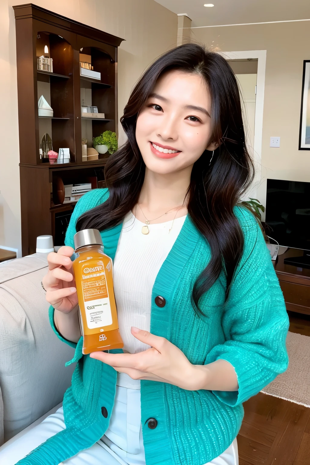 ((best quality)), ((masterpiece)), (Cinematic Aesthetic:1.4) Photo of a beautiful korean fashion model at a bright living room holding a probiotic supplement smiling happily