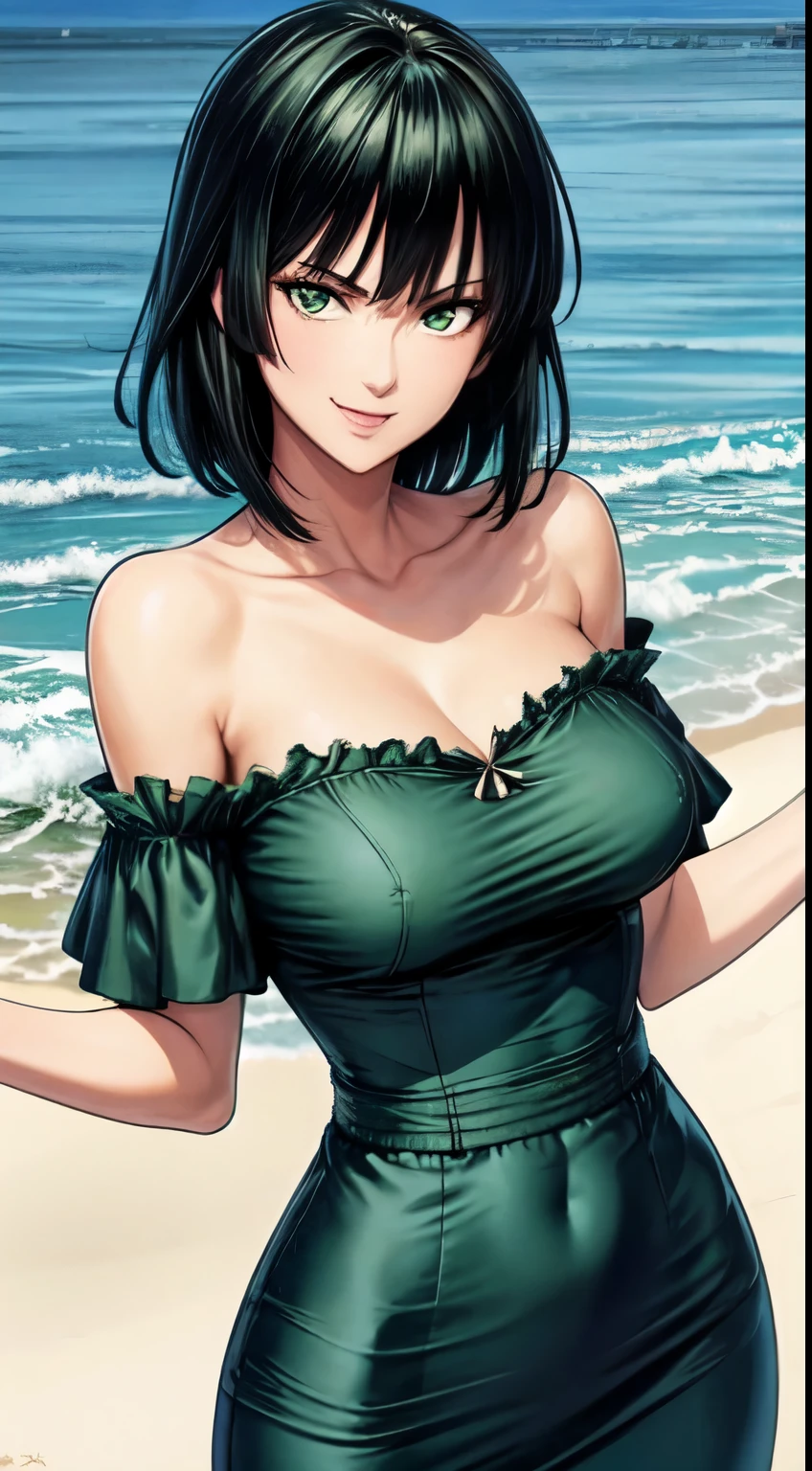 Fubuki, master piece, best image quality, facing the camera, evil smile, green skirt, Sexy tall, looking straight at the camera, short hair, Perfect body, seaside, green hair, off-the-shoulder clothes, medium breasts, cleavage, revealing dress, (1girl), sole girl, covered in,