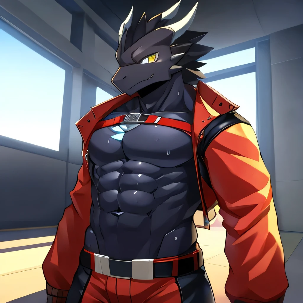 Thin macho　western black dragon　　abs　　　　　Hollow abs　　body suit　　thick arms　　　chest rig　　　、sweaty　　　skin glow　　profile　　Wearily　short of breath　　  　Chemo shota　　
have a 
jacket