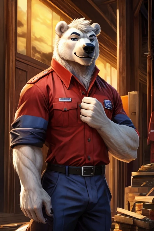 handsome male, polar bear, large strong build,, sassy, dominant body posture, firefighter uniform, ((best quality)), ((masterpiece)), (detailed), short messy fringe,