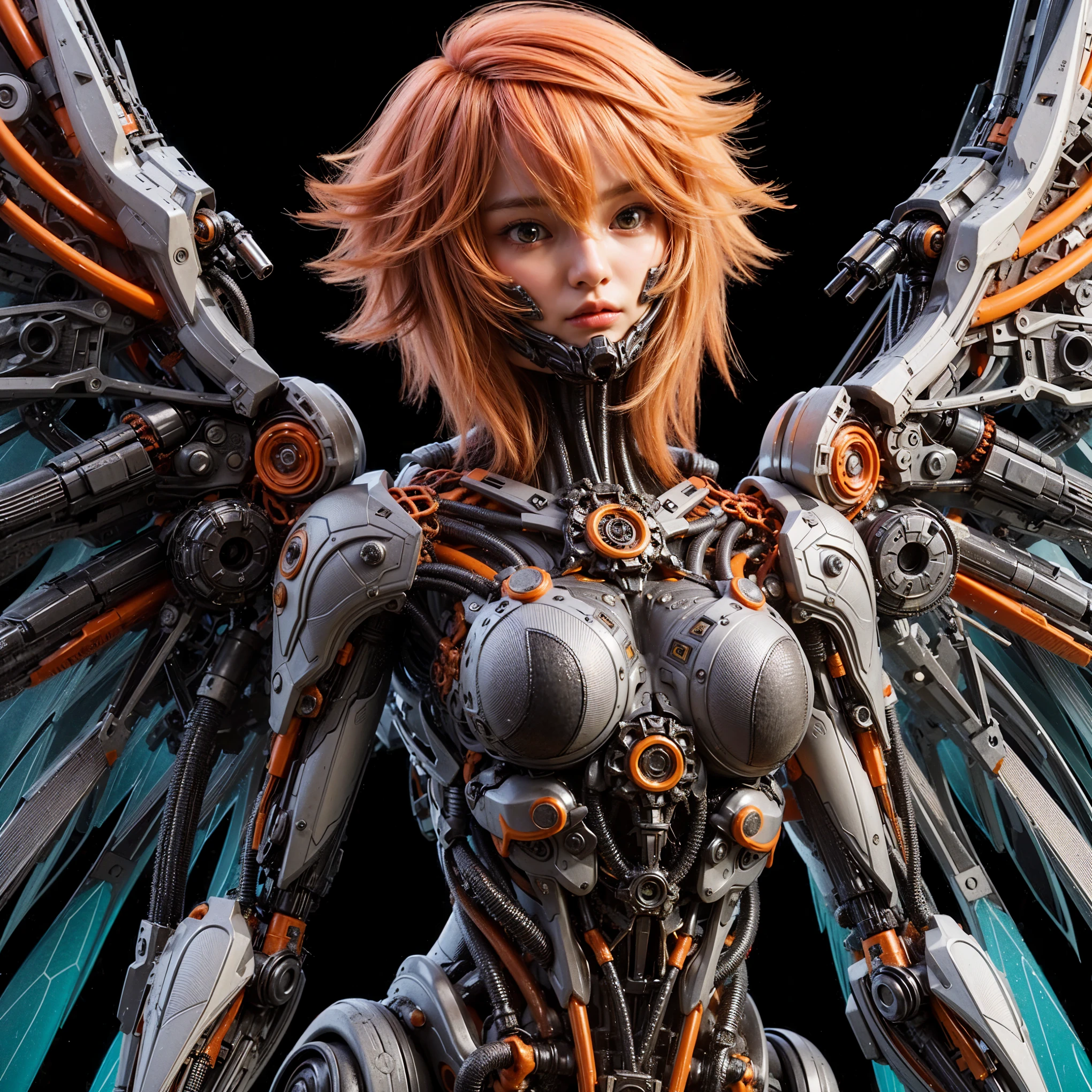 (top-quality:1.2, masterpiece), ultra high res,(Photorealsitic:1.4), (scorpion-like bio animal suit:1.3), heavy weapons,large wings, vivid textures,insect legs, red  hair, glowy skin, fur,japanese girl beautiful face,  ((super realistic intricate details)), full body shot, globalillumination, octan render, ultrasharp, character edge light, Details of complex ornaments, Acrylic Clear Cover, Hydraulic cylinder