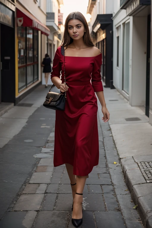 arafed woman in a vestido rojo and black purse walking down a street, girl wears a vestido rojo, modelo de moda elegante, elegant vestido rojo, wearing a vestido rojo, wearing vestido rojo, usando un vestido elegante, vistiendo un traje rojo, vistiendo un traje elegante, estilo de julia razumova, vestido rojo, chica elegante en traje urbano, mujer vestida