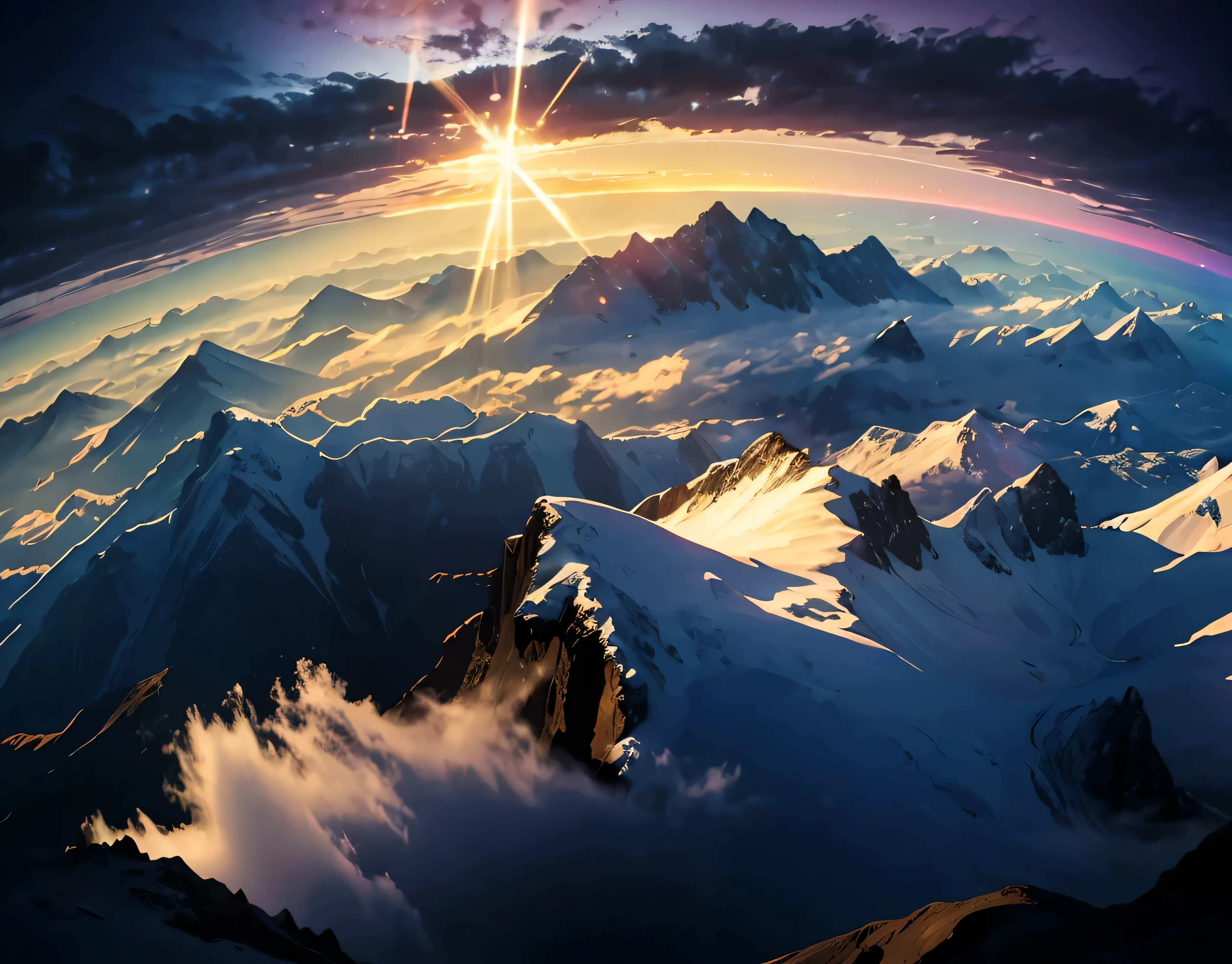 A photo with a very beautiful contrast of light、A magnificent sea of clouds、wood々、The mountain was covered with snow々、Clear skies、Lots of lens flares、The morning sun shines brightly、The morning sun shines brightly、(Ultra-realistic:1.2), High resolution, (Bright colors, High resolution:1.1), (Sharp focus:1.1), (Physically Based Rendering:1.1), Tyndall effect, Colorful lights, (((Light shines through the gaps in the clouds))), Beautiful perspective, Contrasting Shadows, moving composition, Realistic landscape, unique configuration, Soft texture, Intricate details, Mysterious atmosphere, An artistic exploration of light and shadow,Golden dazzling light、A world view that will captivate all who see it、The world of nature、View from 3000m above sea level and mountain hut