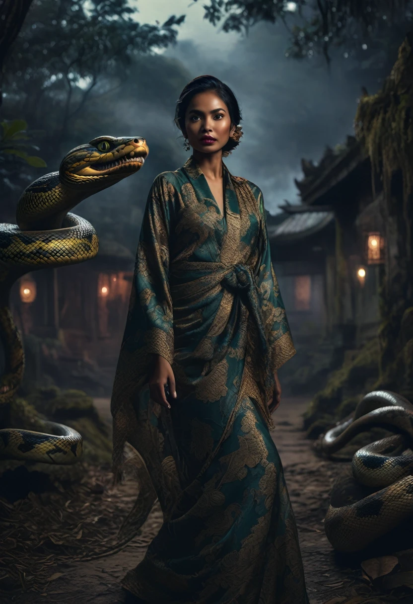 {A hyper realistic photograph of a young Indonesian woman in a kebaya and shawl, with a beautiful but scary face, dancing while a large python coils around her body, the background features a deserted village in a spooky forest, the setting is dark and foreboding, with a haunting atmosphere, high resolution, 8K, detailed, close-up shot, 50mm lens, highly detailed, HDR, soft ambient light, monochromatic tones}
